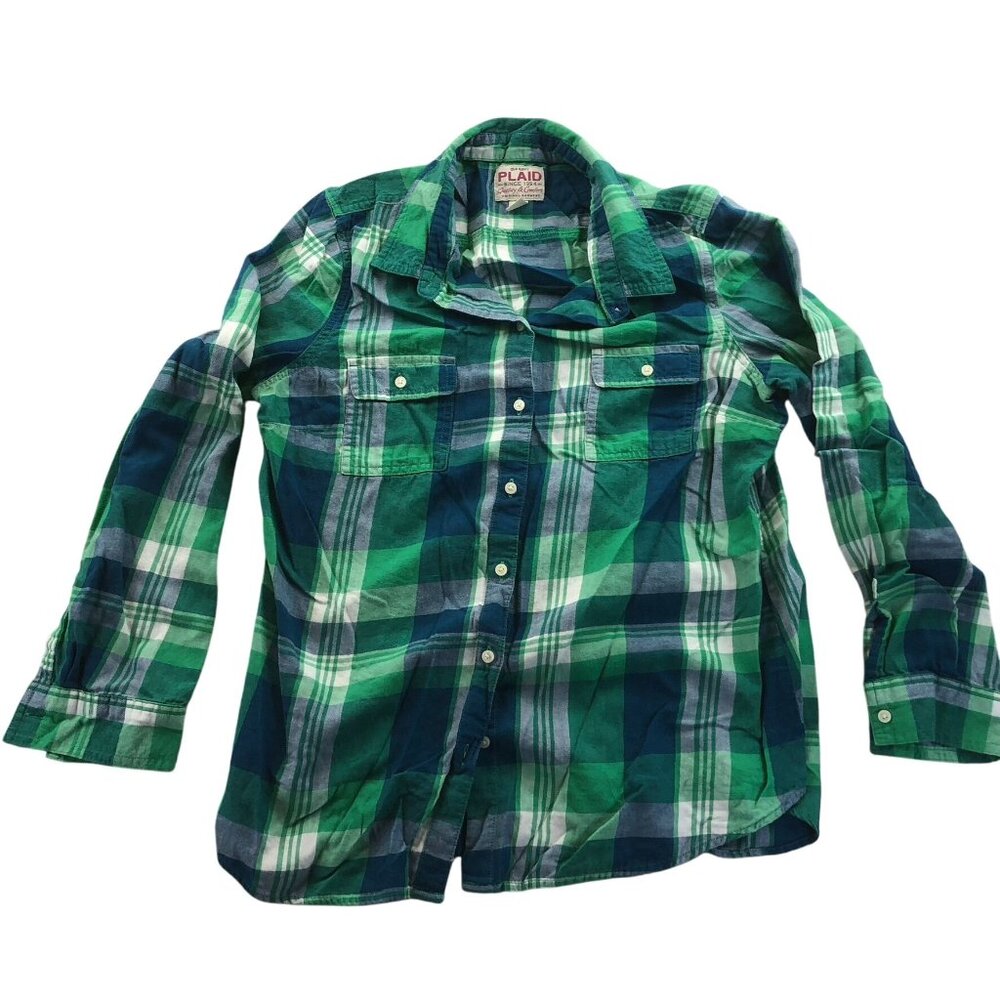 Vinatge Old Navy Mens Shirt Large Long Sleeeve Green Plaid Western Button Up Y2K